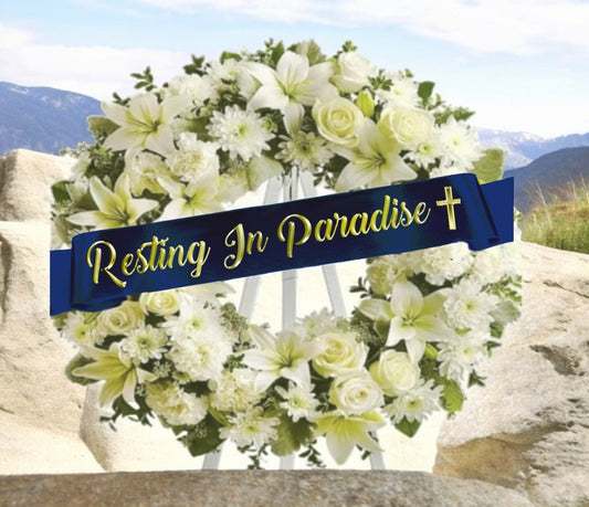 Resting In Paradise Gold Foil Funeral Ribbon Banner For Flowers - The Funeral Program Site