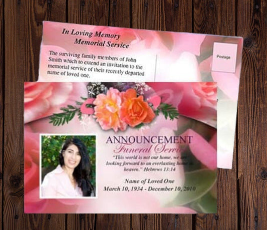 Rosy Funeral Announcement Postcard Template - The Funeral Program Site