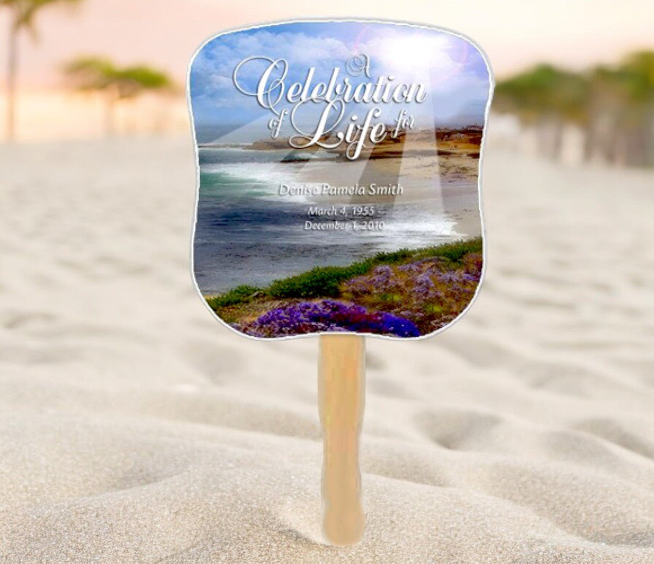 Seascape Cardstock Memorial Fan With Wooden Handle (Pack of 10) - The Funeral Program Site