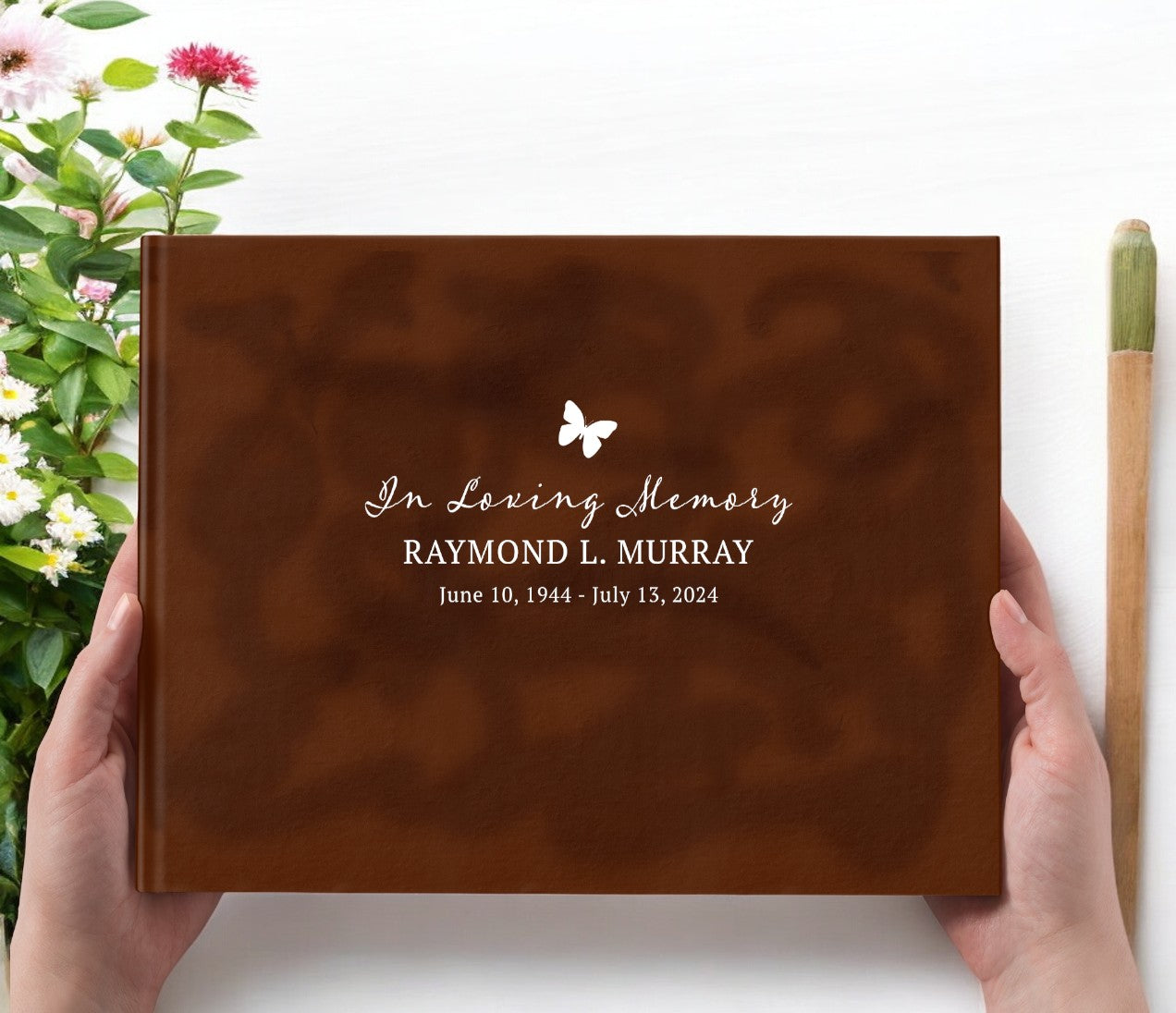 Simple Butterfly Faux Leather Funeral Guest Book