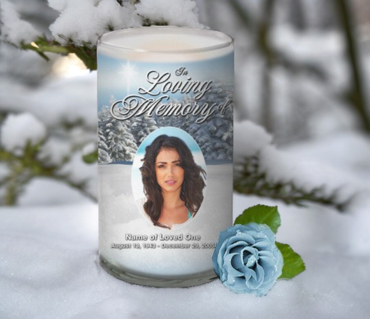 Snowcaps Personalized Glass Memorial Candle