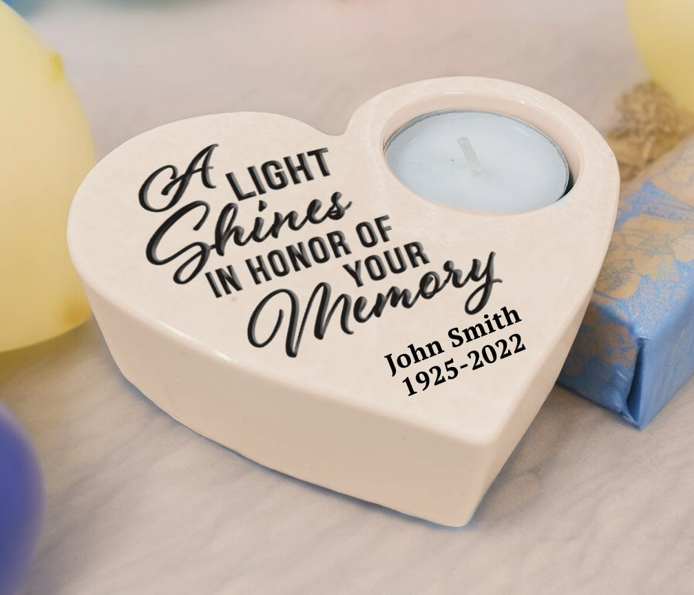 Light Shines Stone Heart Memorial Tea Light Candle Holder