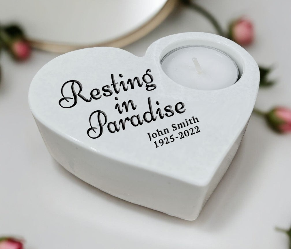 Resting In Paradise Stone Heart Memorial Tea Light Candle Holder