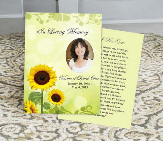 Sunflower Small Memorial Card Template - The Funeral Program Site