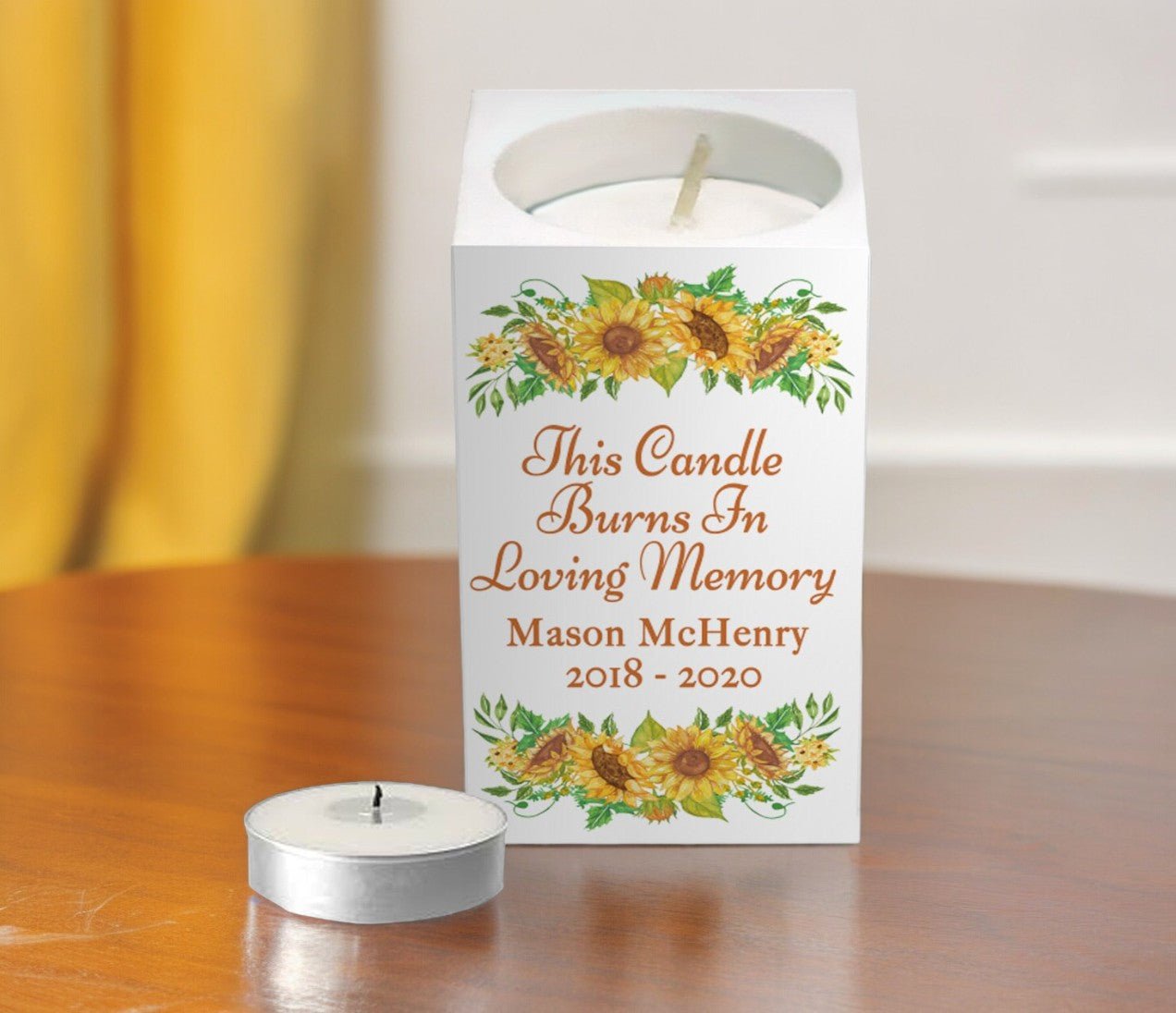 Sunflowers Personalized Mini Memorial Tea Light Candle Holder - The Funeral Program Site