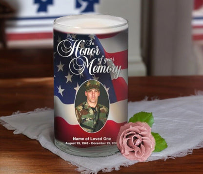 US Flag Personalized Glass Memorial Candle - The Funeral Program Site