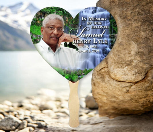 Waterfall Heart Memorial Fan With Wooden Handle (Pack of 10)