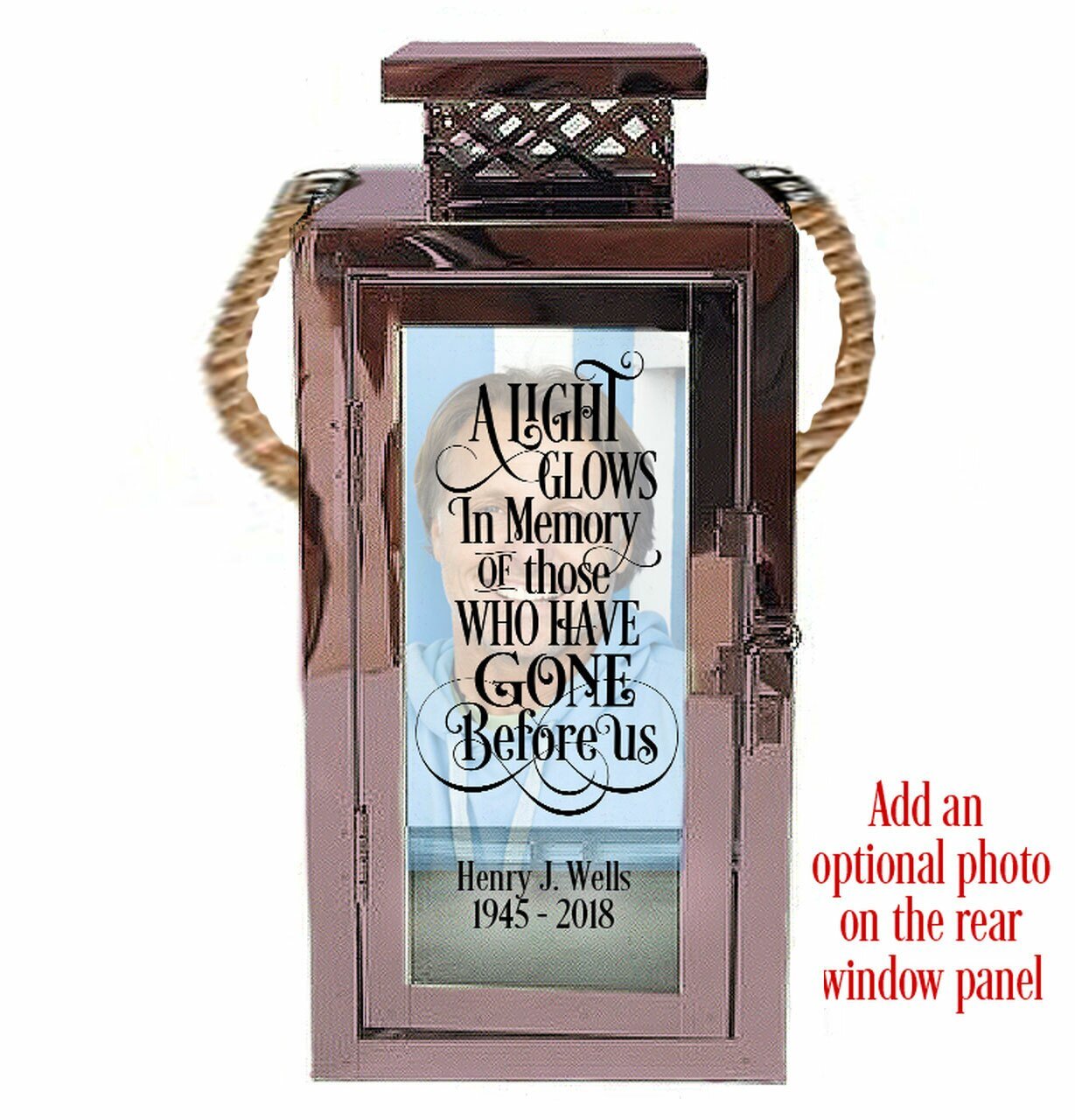 A Light Glows Personalized Rose Gold In Memory Memorial Lantern With Rope Handle - The Funeral Program Site