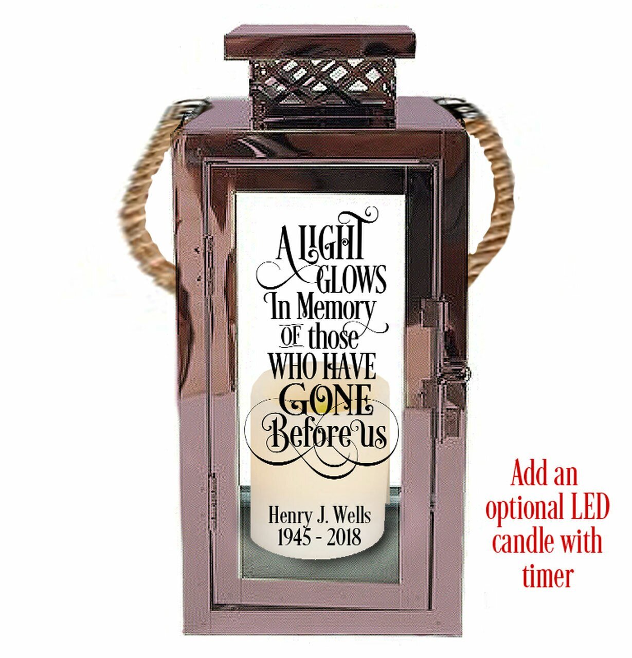 A Light Glows Personalized Rose Gold In Memory Memorial Lantern With Rope Handle - The Funeral Program Site