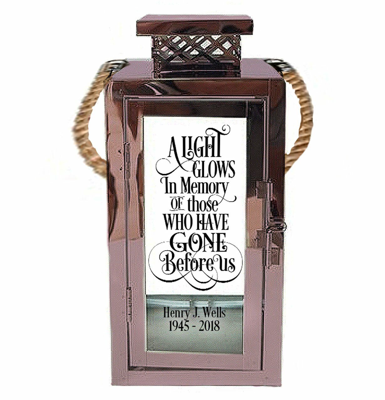 A Light Glows Personalized Rose Gold In Memory Memorial Lantern With Rope Handle - The Funeral Program Site