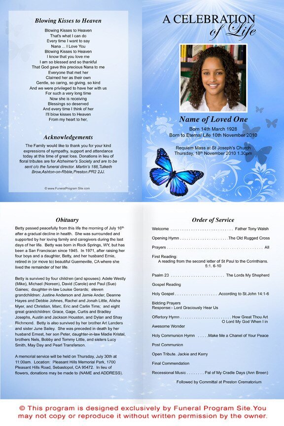 Butterfly A4 Funeral Order of Service Template - The Funeral Program Site