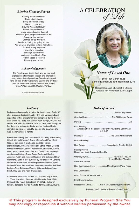 Calle A4 Funeral Order of Service Template - The Funeral Program Site