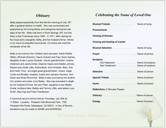 Calle Lily Funeral Program Template - The Funeral Program Site