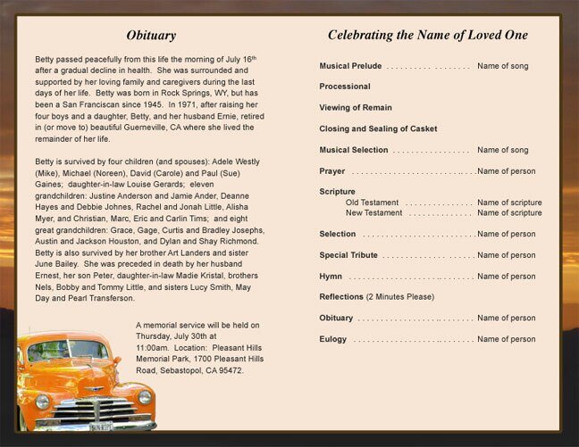 Classic Car Funeral Program Template - The Funeral Program Site