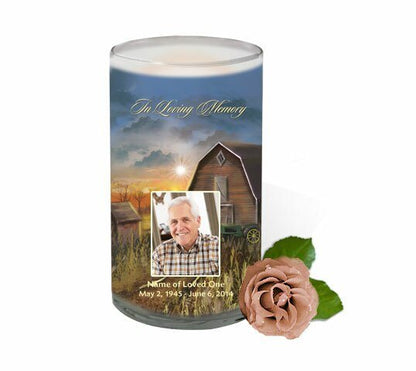 Country Barn Personalized Glass Memorial Candle - The Funeral Program Site