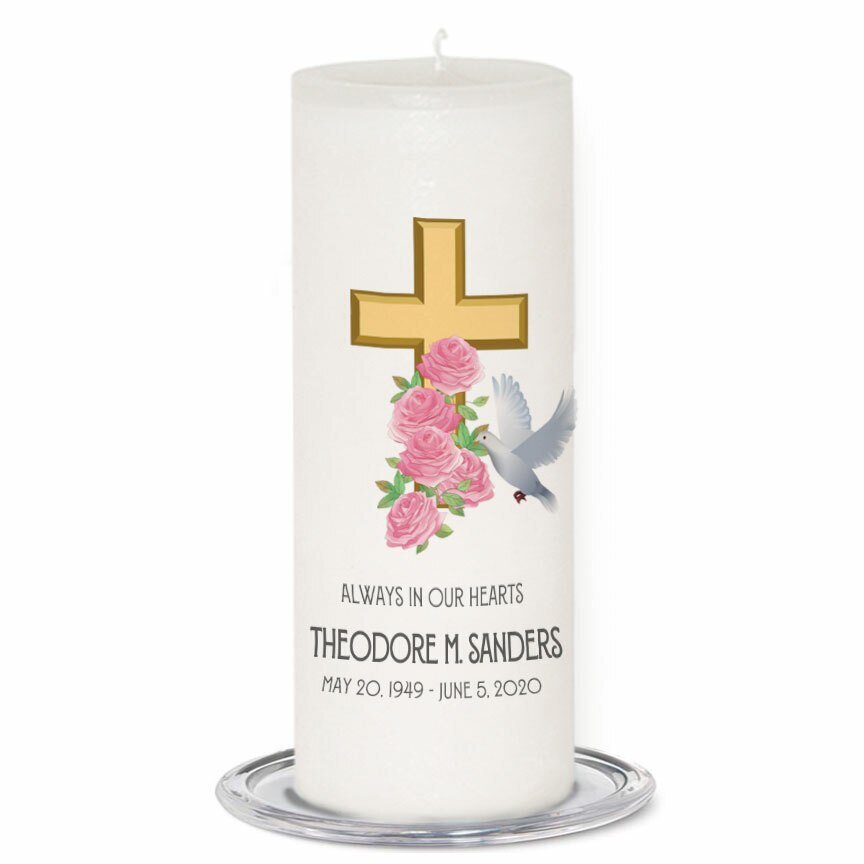 Cross Dove Personalized Wax Memorial Candle - The Funeral Program Site