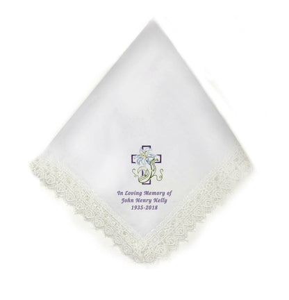 Cross Lily Lace Trim Embroidered Personalized Handkerchief - The Funeral Program Site