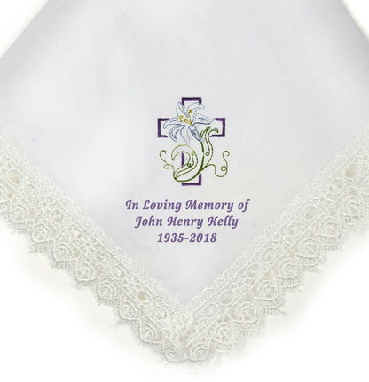 Cross Lily Lace Trim Embroidered Personalized Handkerchief - The Funeral Program Site