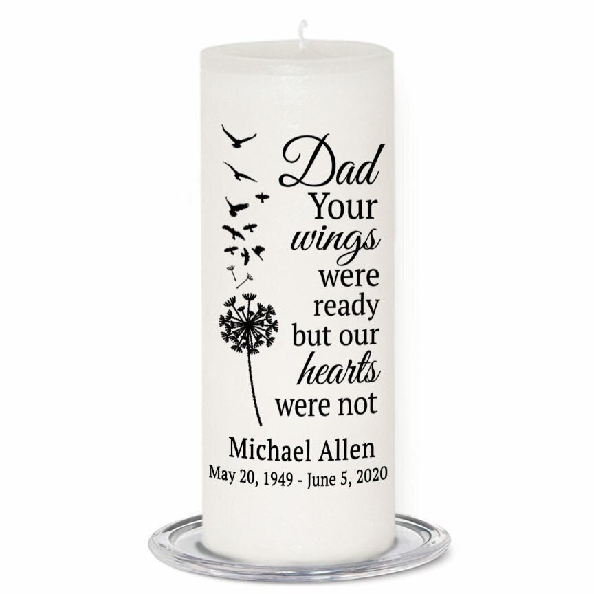 Dad's Wings Personalized Wax Pillar Memorial Candle - The Funeral Program Site