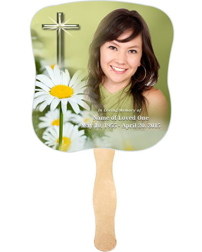 Daisy Cardstock Memorial Fan With Wooden Handle (Pack of 10) - The Funeral Program Site