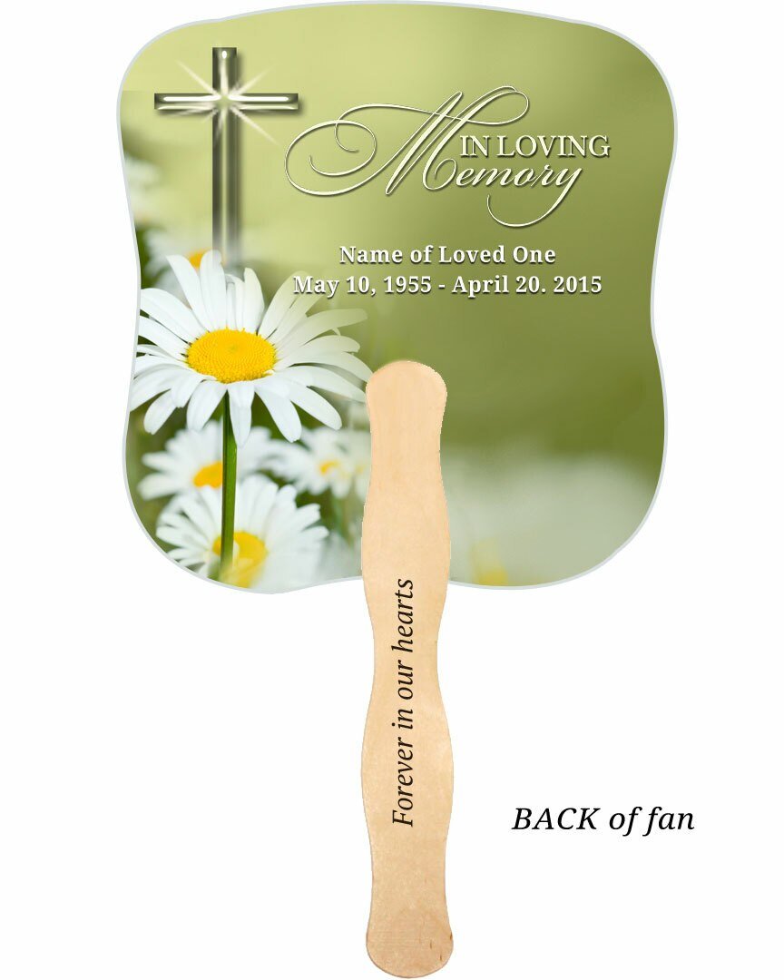 Daisy Cardstock Memorial Fan With Wooden Handle (Pack of 10) - The Funeral Program Site