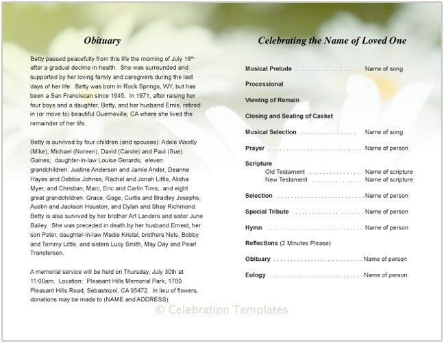 Daisy Letter Single Fold Program Template - The Funeral Program Site