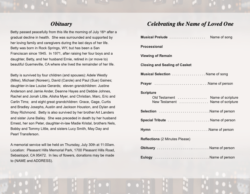 Dominoes Funeral Booklet Template - The Funeral Program Site