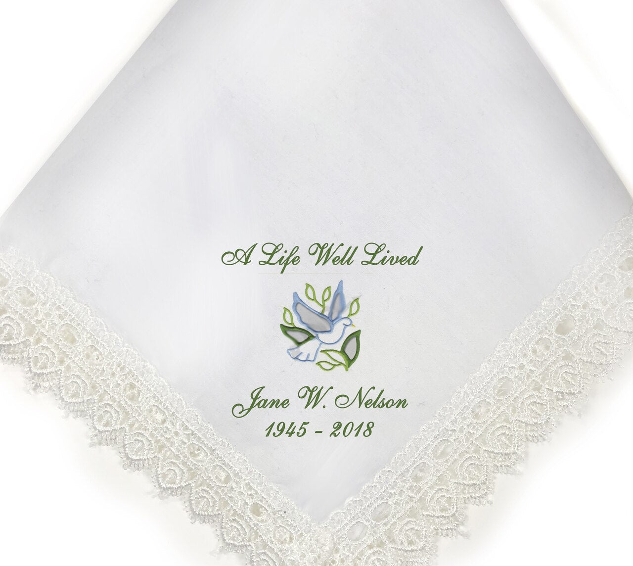 Dove Lace Trimmed Embroidery Memorial Handkerchief - The Funeral Program Site