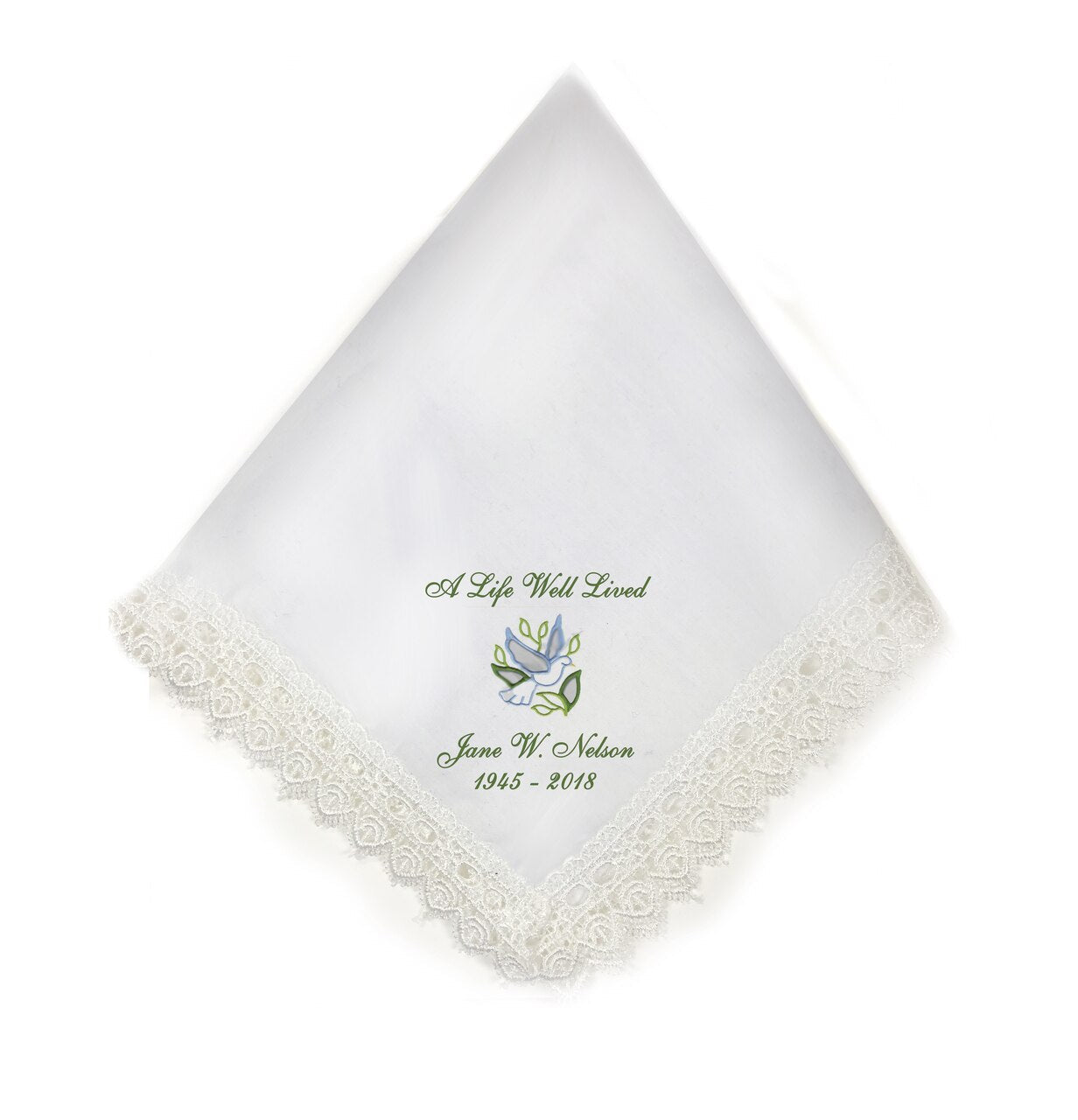 Dove Lace Trimmed Embroidery Memorial Handkerchief - The Funeral Program Site