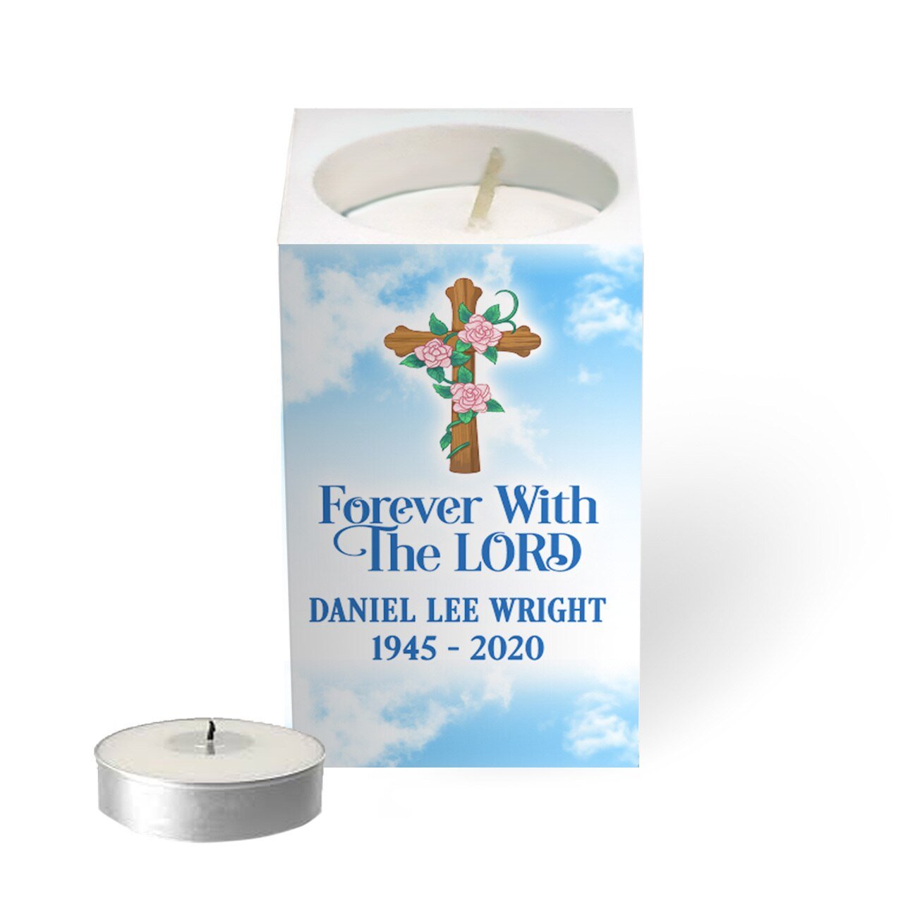 Faith Cross Personalized Mini Memorial Tea Light Candle Holder - The Funeral Program Site