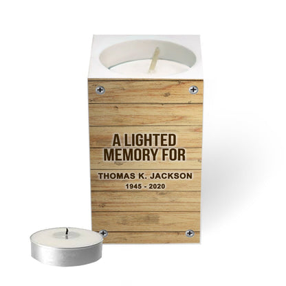 Faux Wood Personalized Mini Memorial Tea Light Holder - The Funeral Program Site