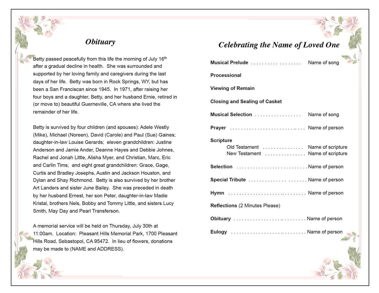 Floret Funeral Program Template - The Funeral Program Site