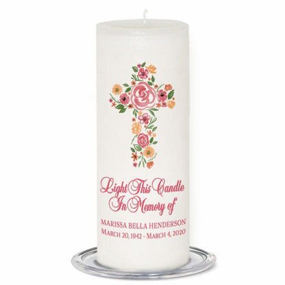 Flowers Cross Personalized Wax Pillar Memorial Candle - The Funeral Program Site