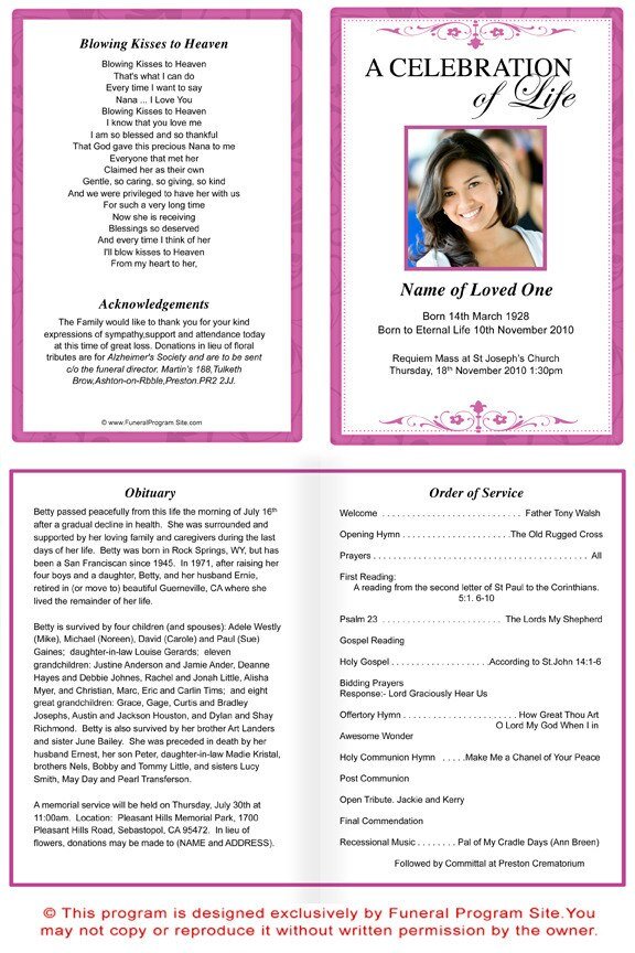 Fuschia A4 Funeral Order of Service Template - The Funeral Program Site