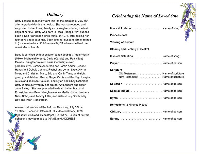 Hummingbird Funeral Program Template - The Funeral Program Site