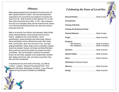 Hummingbird Funeral Program Template - The Funeral Program Site