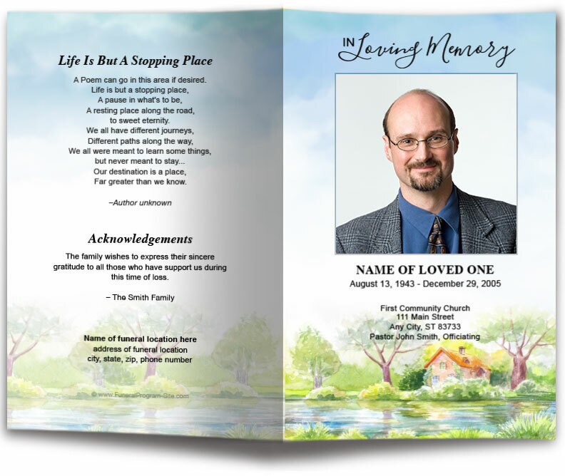 River Watercolor Funeral Program Template.