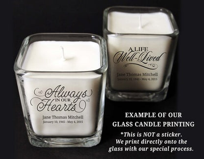 Always In Hearts Personalized Glass Cube Memorial Candle.