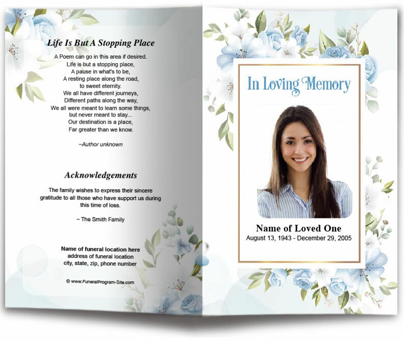 Blue Blossom Watercolor Funeral Program Template – The Funeral Program Site