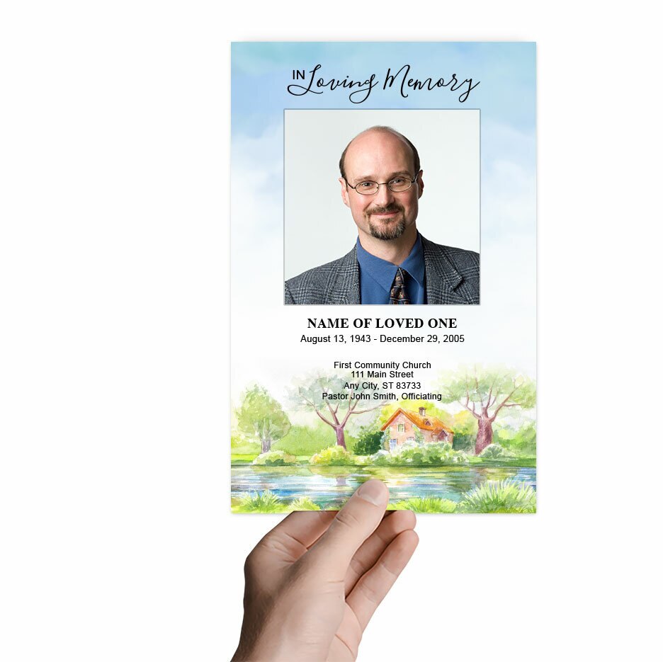 River Watercolor Funeral Program Template.