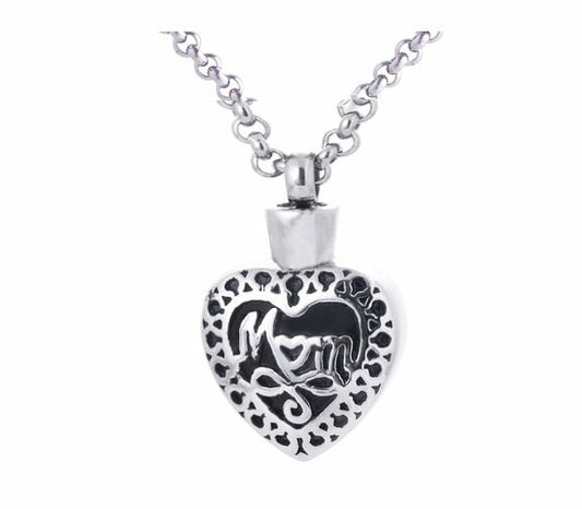 Stainless Steel Mom Heart Urn Pendant Necklace.