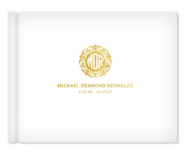 Crest Monogram Foil Stamped Landscape Funeral Guest Book.