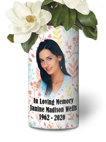 In Loving Memory Memorial Photo Flower Vase - Pastel Leaves - The Funeral Program Site