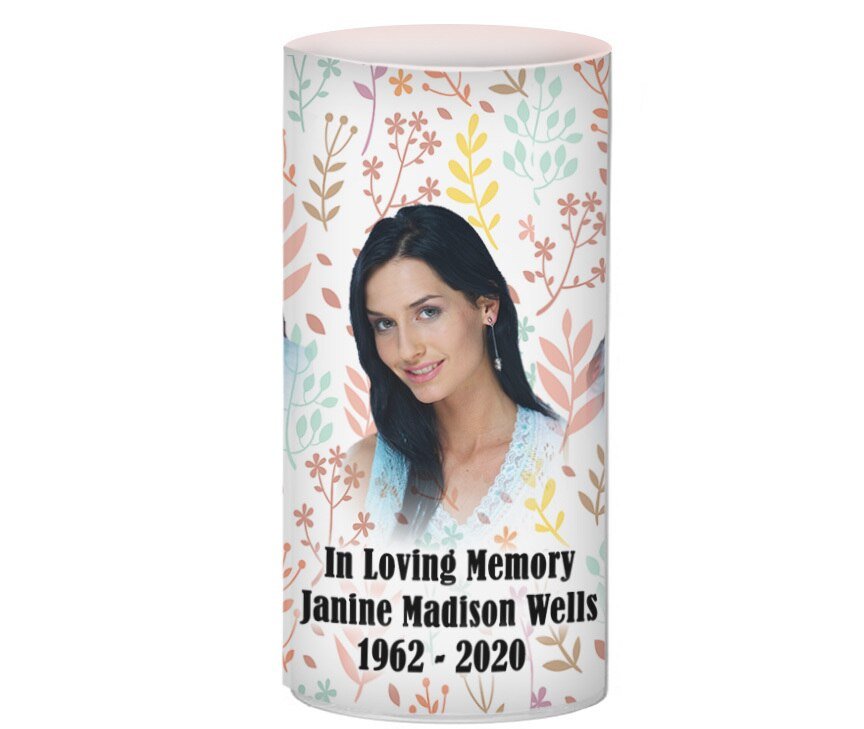 In Loving Memory Memorial Photo Flower Vase - Pastel Leaves - The Funeral Program Site