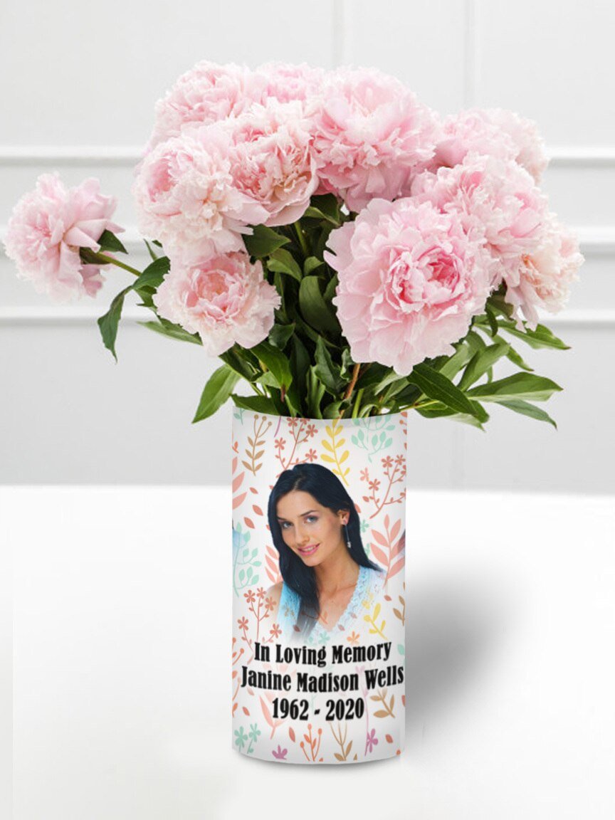 In Loving Memory Memorial Photo Flower Vase - Pastel Leaves - The Funeral Program Site