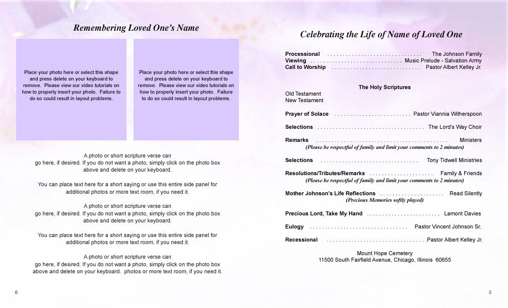 Lavender Funeral Booklet Template - The Funeral Program Site