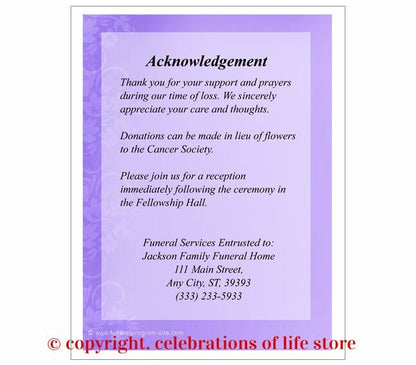 Lavender Small Memorial Card Template - The Funeral Program Site