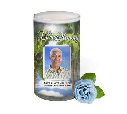 Paradise Personalized Glass Memorial Candle - The Funeral Program Site