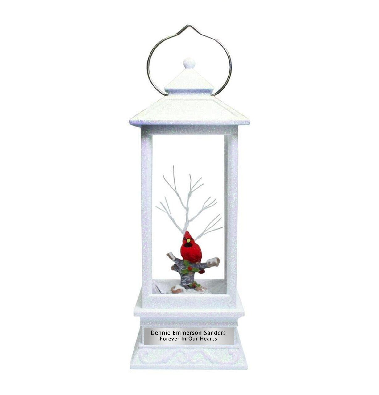 Personalized Memorial Lantern Cardinal with LED Lit Confetti Snow Dome - The Funeral Program Site