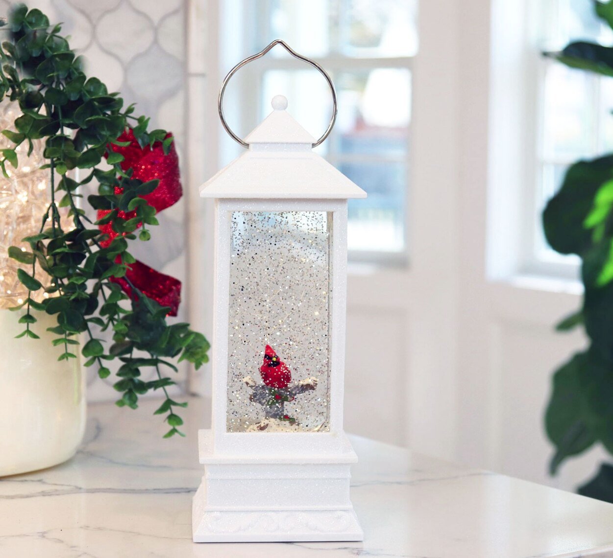 Personalized Memorial Lantern Cardinal with LED Lit Confetti Snow Dome - The Funeral Program Site